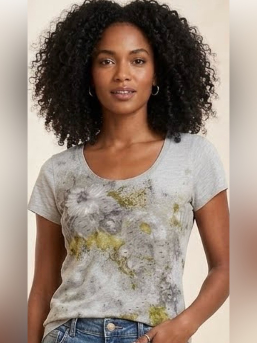 NWT Talbots Scoop Neck Tee Grey Watercolor Floral Print PM